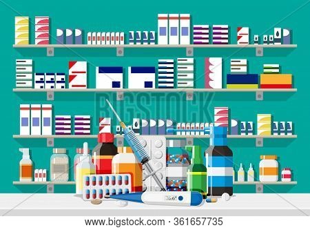 Modern Interior Of Pharmacy. Medicine Pills Capsules Bottles Vitamins And Tablets. Drugstore Showcas