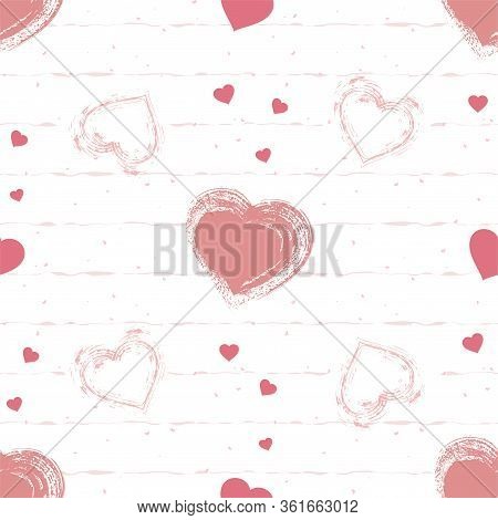 Vector Seamless Pattern With Watercolor Hearts On A White Background. For Valentine Day Design.