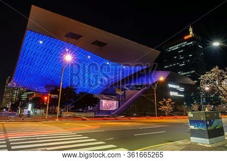 Busan, South Korea - 1 April, 2019:night Shot Of Busan Cinema Center Is The Official Venue Of The Bu