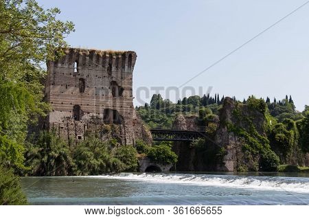 Italy, Valeggio Sul Mincio - May 20 2018: The Close Up View Of Visconti Bridge In Valeggio Sul Minci