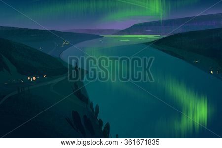 Winter Evening In The Mountains With The Northern Lights