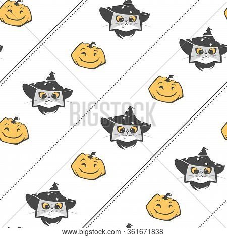 Seamless Diagonal Halloween Pattern With Magic Cats And Pumpkins