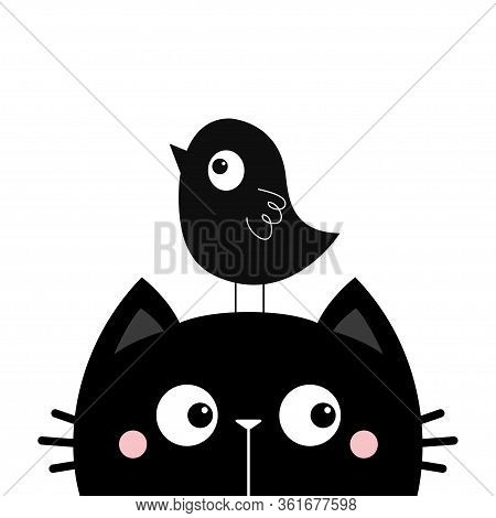 Black Kitten Cat Face Head Silhouette And Funny Bird. Cute Cartoon Character. Kawaii Baby Pet Animal