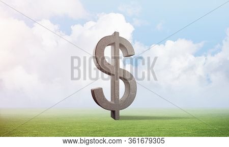 Dollar Sign On Green Meadow. Investment And Money Saving Services. Global Economy And Fiscal System.
