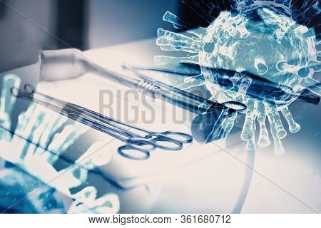 Closeup Surgery Instrument And Sterile Tools Set With Virus In Operating Room At Hospital. Medical A