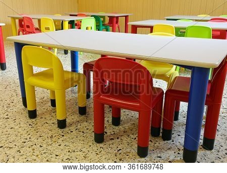 Large Empty School Classroom Without Children Because Of Illness