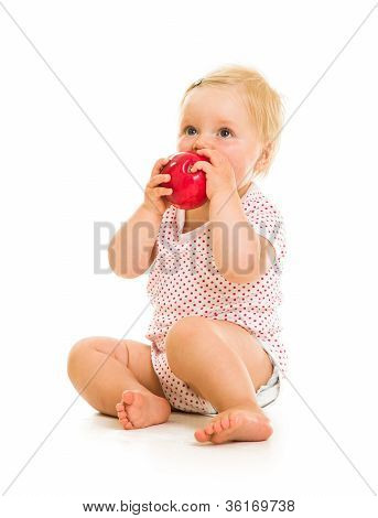 Cute Infant Girl Learining To Eat With Spoon