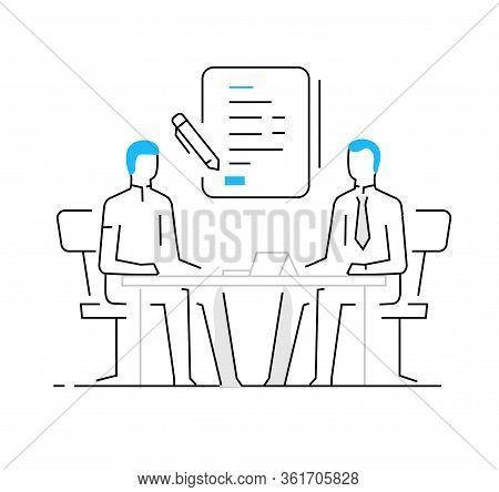 Woman Signing A Contract. Work On A Startup, Investing, Profit. Success, Cooperation. Vector Illustr