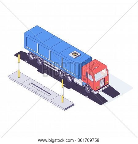 Isometric Truck Cargo Transport Auto Cars And Scales. Transportation Delivery Trucks Logistic Car Ve