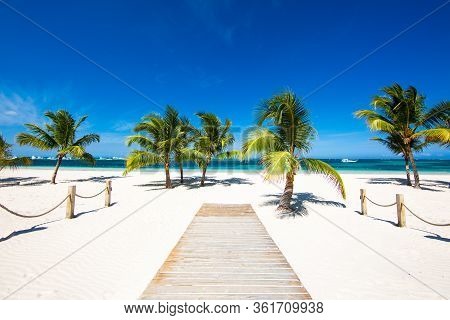Wooden Path To The Sea Between Palm Trees On A Beautiful Tropical White Sand Beach On A Paradise Isl