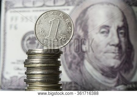 Dollars And Chinese Yuan. Concept Of Currency Exchange. Economic Crisis, Decline Of The World Econom