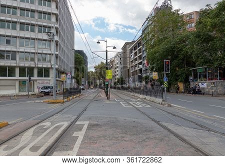Istanbul, Turkey - October 6, 2019: Empty Meclis-i Mebusan Street With Tram Tracks In Istanbul, Turk