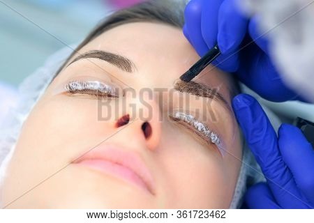 Cosmetologist Making Lash Laminating And Eyebrow Painting For Woman In Beauty Clinic, Face Closeup. 