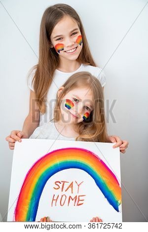 Kids Girls With Blond Hair Drew A Rainbow And A Poster Stay Home. Flashmob Chasetherainbow.