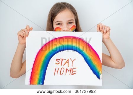 Blond Teen Girl With Hair Drew A Rainbow And A Poster Stay Home. Flashmob Chasetherainbow.