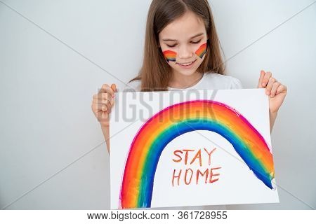 Teen With Blond Hair Drew A Rainbow And A Poster Stay Home. Flashmob Chasetherainbow.
