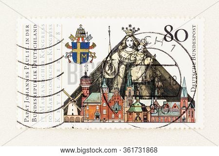Seattle Washington - April 15, 2020: Close Up German Stamp Featuring Our Lady Of Luxembourg, Commemo