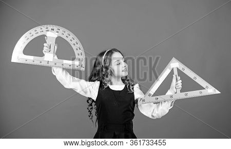 School Student Study Geometry. Kid School Uniform Hold Ruler. School Education Concept. Sizing And M