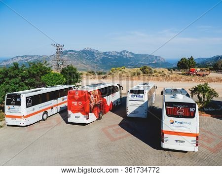 Kemer, Turkey - May 16, 2018. Touristic Buses On Parking. Coral Travel, Anex Tour, Pegas Travel Agen