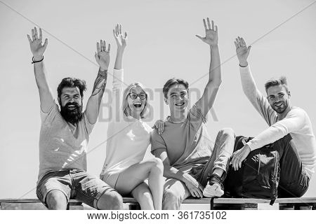 Hello There Concept. Young And Free. Success And Achievement. Cheerful People Communicating. Men Wom