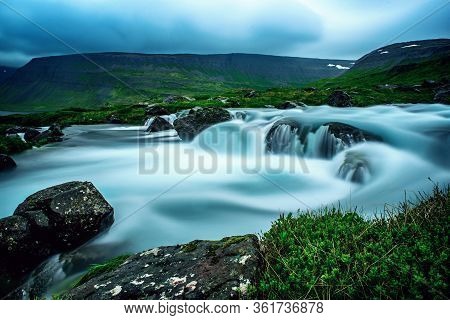 Part Of Dynjandi Fjallfoss, Waterfall. Iceland. Long Exposure Icelandic Summer Landscape