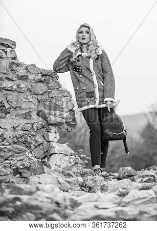 Just Relaxing. Girl Long Hair And Small Backpack. Woman In Tweed Wool Jacket. Wear Short Woolen Coat