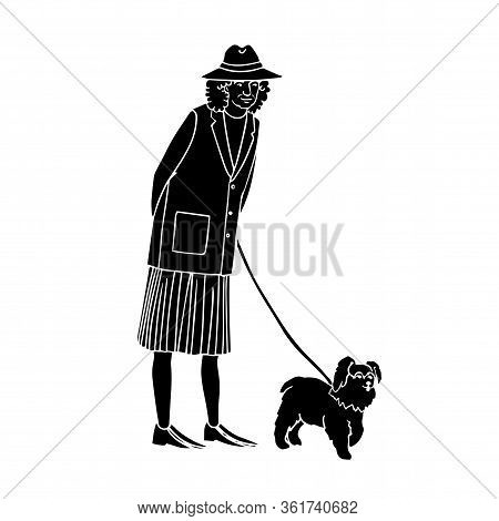 Vector Illustration Of Black Silhouette Old Woman Walking With Dog Isolated On White Background