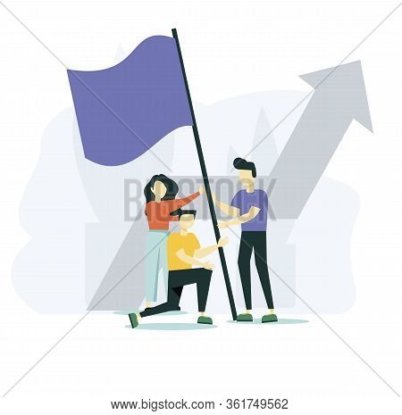 Vector Illustration, Teamwork, Goal Achievement, Flag As A Symbol Of Success And Heights. Compositio