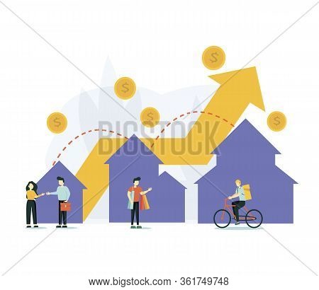 Vector Illustration, Real Estate Business Concept With Houses, Rising Real Estate Market, Increasing