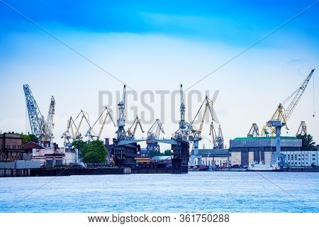 Panorama Of Admiralty Shipyard Or Admiralteyskiye Verfi, With Construction Cranes And Deadweight, Sa
