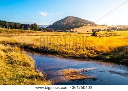 Idyllic Mountain Landscape Around Jizerka Village With Bukovec Hill And Jizerka River. Sunny Day, Ji