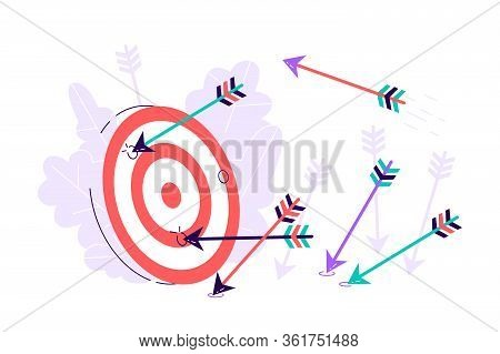 Many Arrows Missed Hitting Target Mark. Shot Miss. Multiple Failed Inaccurate Attempts To Hit Archer