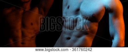 Two Naked Athlete With Strong Body. Shirtless Hunks At Black Background. Close Up Of An Athletic Guy