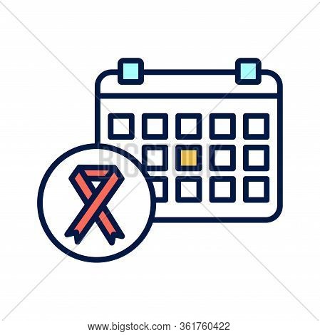 World Aids Day Line Color Icon. Calendar And Red Ribbon. Isolated Vector Element. Outline Pictogram 
