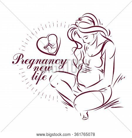Pregnant Woman Elegant Body Silhouette, Sketchy Vector Illustration. Medical Rehabilitation And Chil