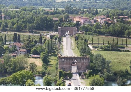 Italy, Valeggio Sul Mincio - May 20 2018: The Aerial View Of Visconti Bridge In Valeggio Sul Mincio 