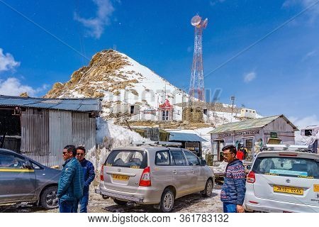 Khardung La Pass, Leh, India - April 16, 2019: The View From High View Point, Many Traveler From Aro
