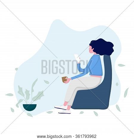 Woman With Smarth Phone Sitting On Chair. Work From Home Concept. Vector Illustration