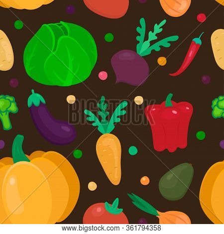 Cute Vegetables Flat Seamless Pattern On Brown Background