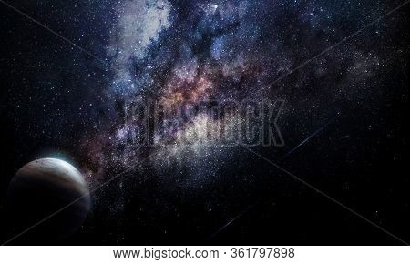Abstract Space Illustration, 3d Image, Planet In Space In The Radiance Of Stars, Eclipse, Background