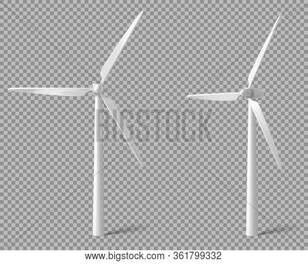 Wind Turbine Front And Angle View. Alternative Renewable Power Generation, Green Energy Concept. Vec