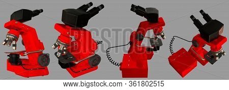 Images Of Red Scientific Microscope With Cpu Block Of Fictive Design Isolated On Grey - Realistic 3d