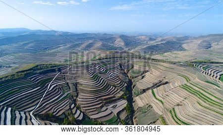 Aerial View Of Terraced Farm Field Mass Production During Summer Dry Season In Tianshui, Gansu Provi