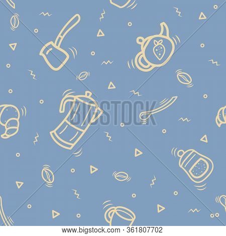 Seamless Pattern With Teapots, Spoons And Coffee.