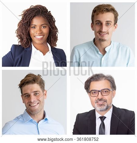 Set Of Portraits Of Young Employees Photographed With Boss. Cute African American Female Employee Wi
