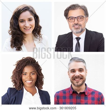 Set Of Portraits Of Different Colleagues Smiling. Male And Female Colleagues Dressed Formally. Men W