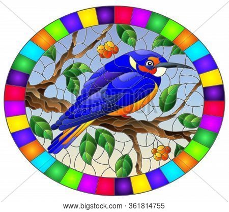 Illustration In The Style Of Stained Glass With A Beautiful Bright Blue Bird  On A  Background Of Br