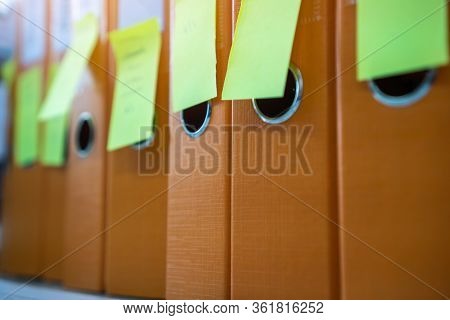 Binders File Paperwork, Documents With Stiky Note And Blank Label On Shelf In Archive Files Folder O