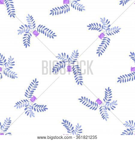 Seamless Pattern Of Cute Stylized Home Flowers In Pots. Hand Drawn Simple Flat Leafy Plants For Wrap