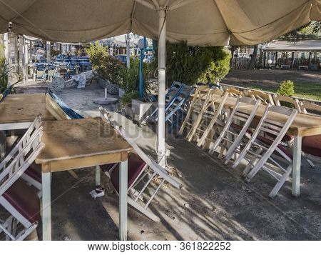 Thessaloniki, Greece - April 17 2020: Empty Outdoors Tables As Coronavirus Measures Affect Business 